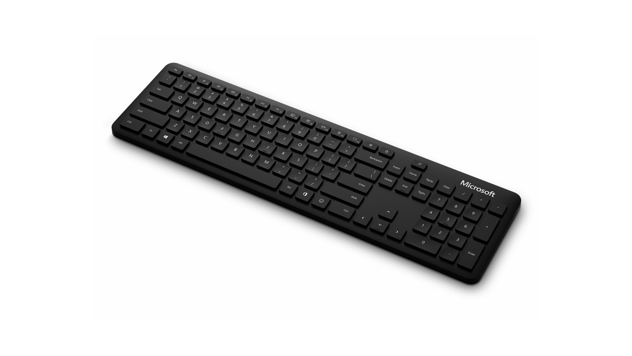 Angled view that showcases the wireless design of Microsoft Bluetooth® Keyboard