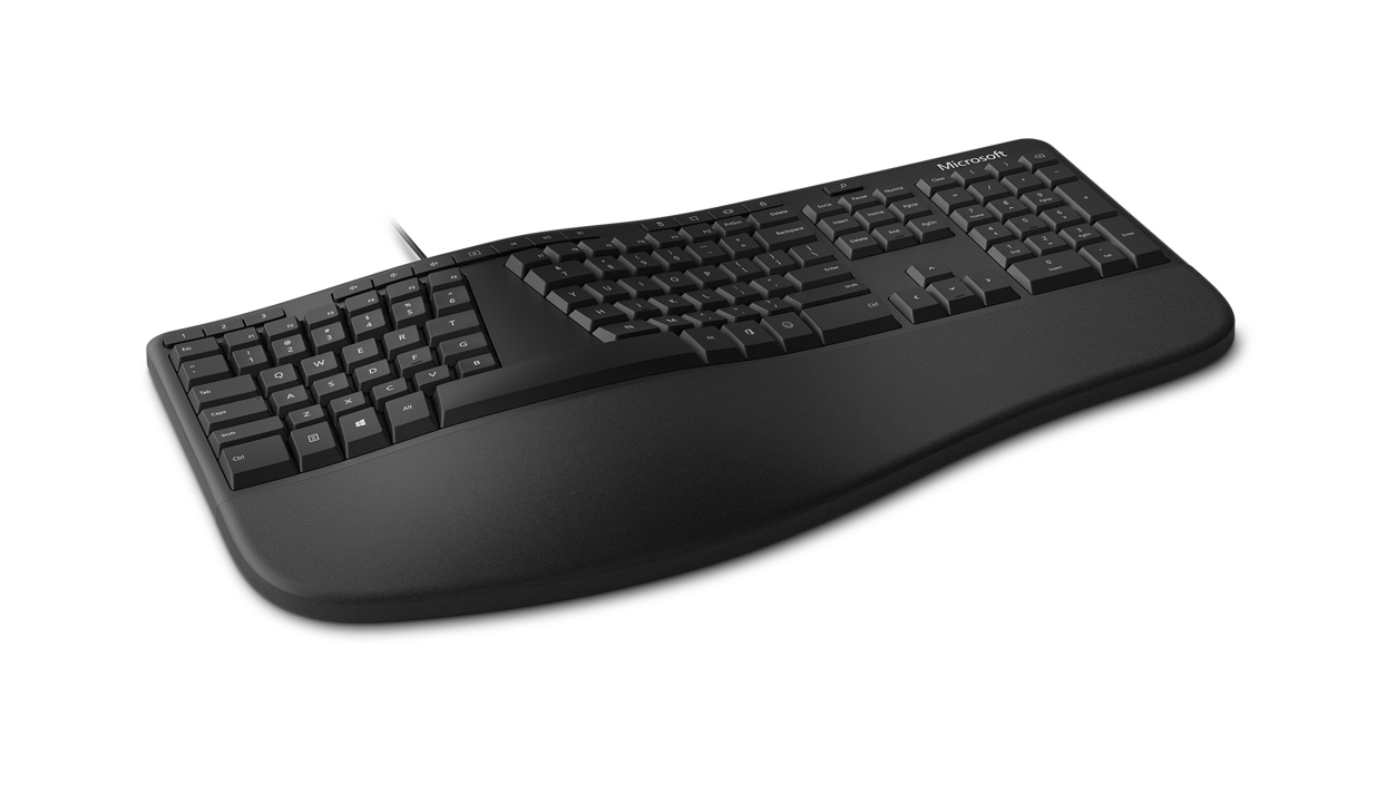 Angled view of the cushioned palm rest on Microsoft Ergonomic Keyboard