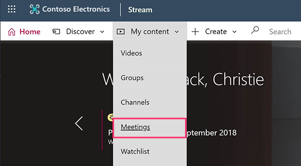 Stream menu with Meetings highlighted
