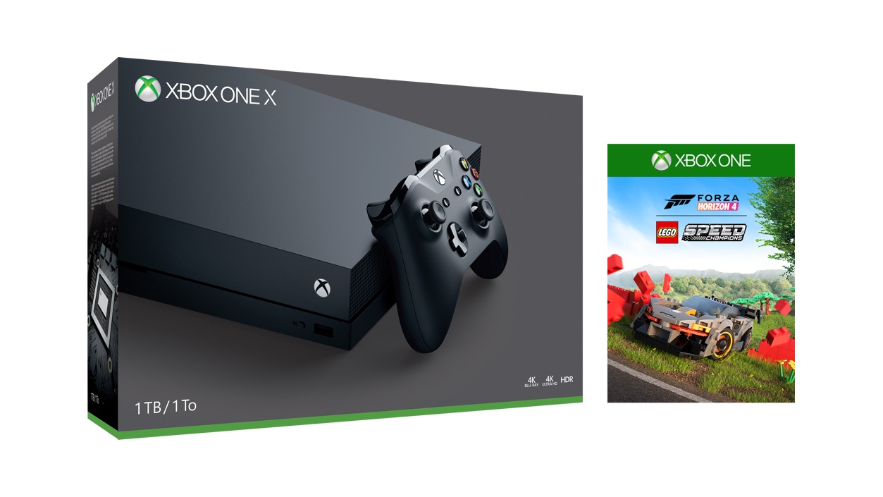 Xbox One X bundle box with Forza Horizon 4 LEGO® Speed Champions boxshot