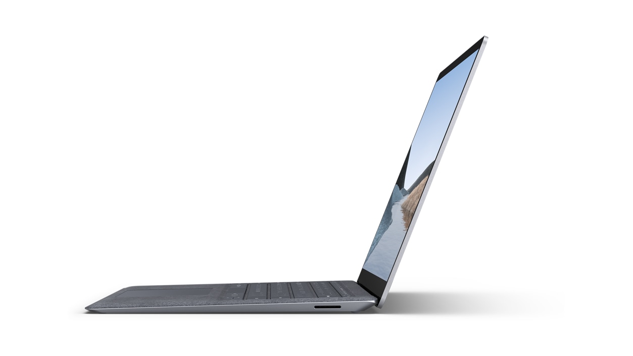 Surface Laptop 3 13.5 inch in Platinum color side view.