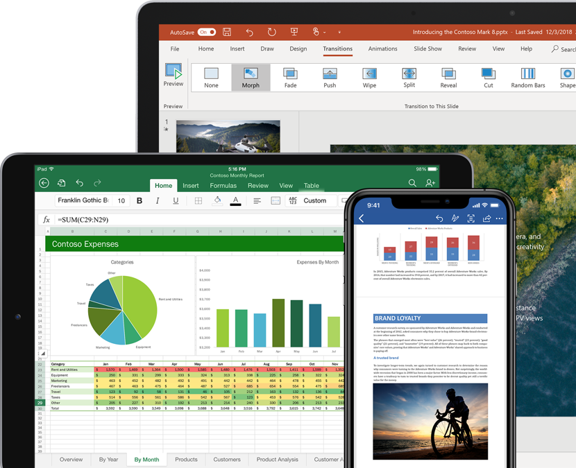 A smartphone, a desktop monitor, and two tablet computers featuring Office 365 apps