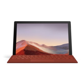 A Surface Pro 7 device with a Red type cover