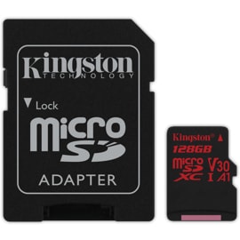 Front view of the Kingston 128GB microSDXC Canvas React Card + SD Adapter