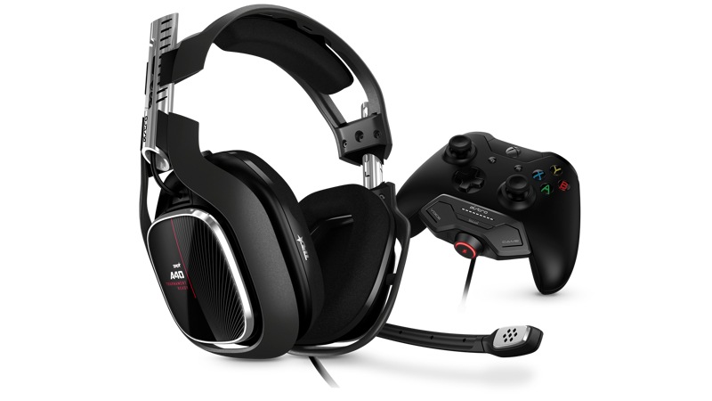 Right front view of Astro Gaming A40TR Headset + MixAmp M80 attached to Xbox One Controller