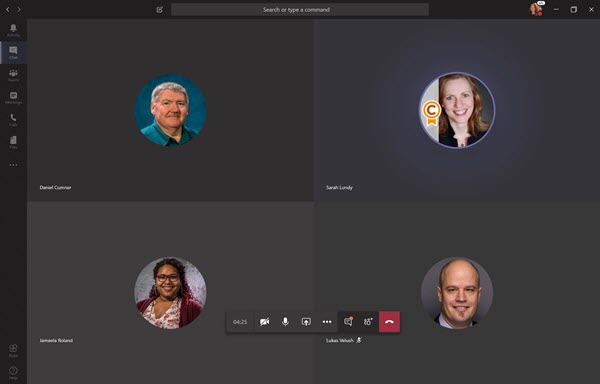 A screen shot of a Teams meeting showing the profile pictures of four participants. One profile picture is overlayed with the Teamwork Champion digital badge.