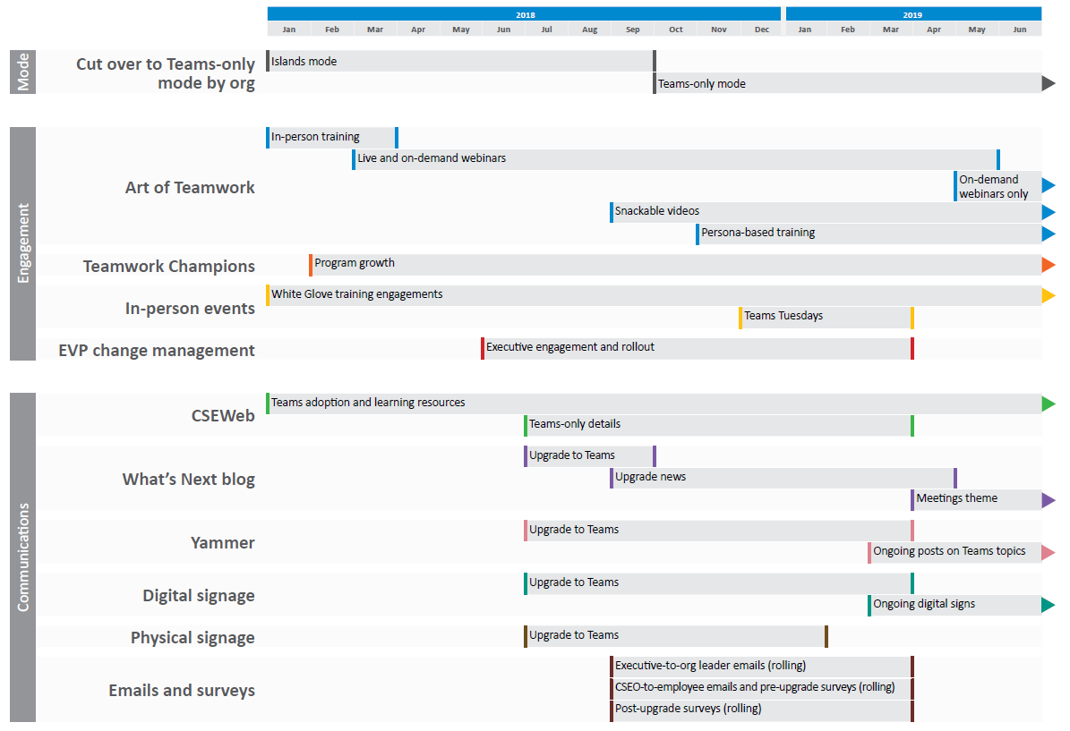 A timeline showing when various adoption activities occurred between January 2018 and June 2019. The activities are organized by engagement activities and communications activities.