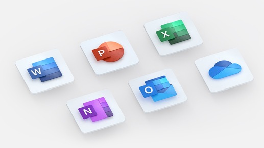 Office app icons: Word (blue horizontal rectangle blocks), Excel (green square blocks), PowerPoint (orange circle pie chart), Outlook (light blue envelope with squares coming out of it)