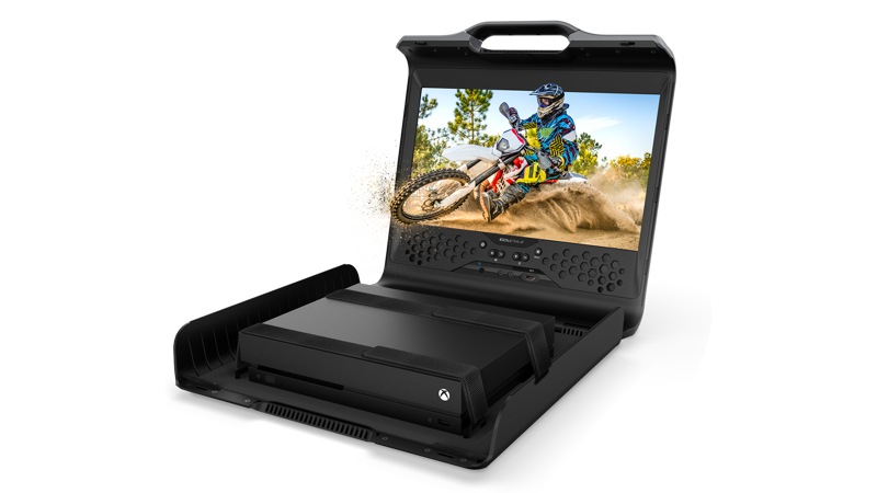 Right-angle Gaems Sentinel case open with Xbox One X