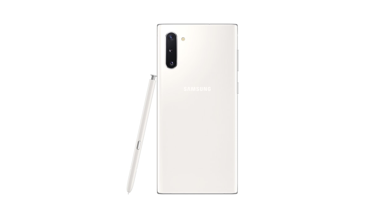 Rear view of white Samsung Galaxy Note10 with S Pen