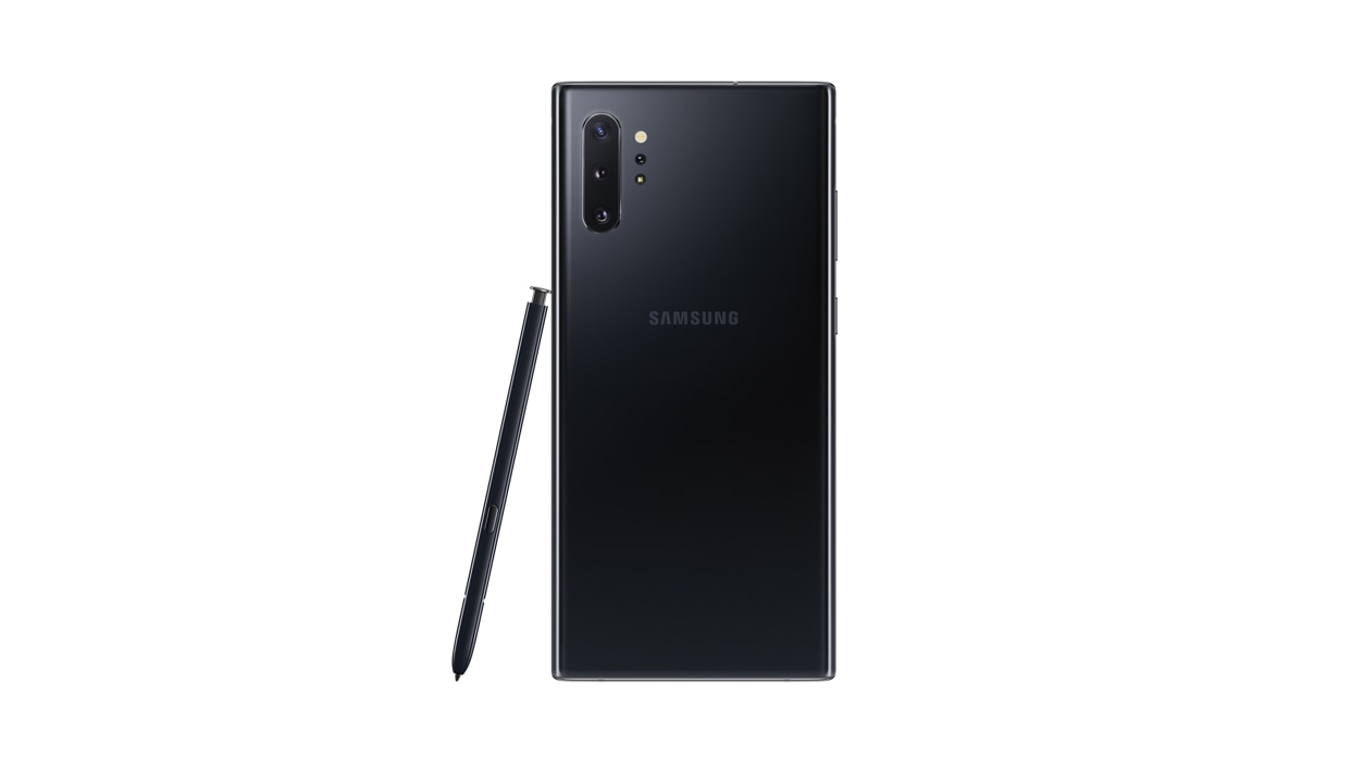Rear view of black Samsung Galaxy Note10 with S Pen