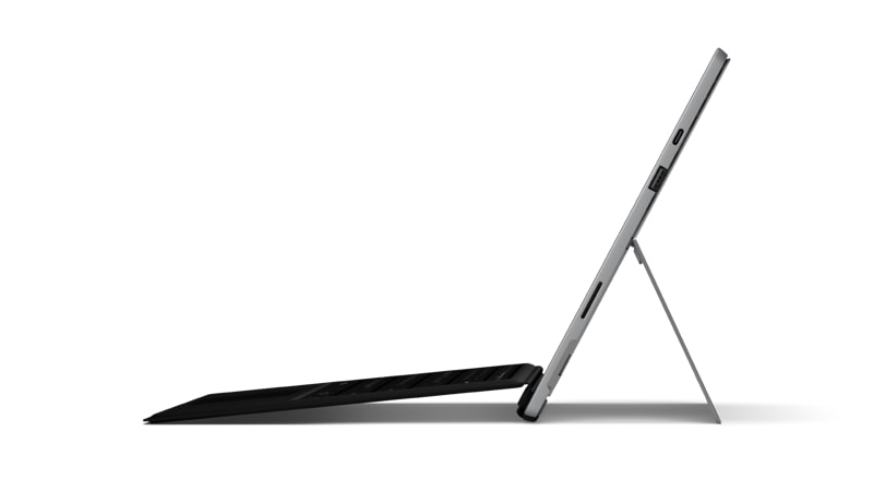 Paquete de Microsoft Surface Pro 7 con funda con teclado para Surface en color negro, desde el costado