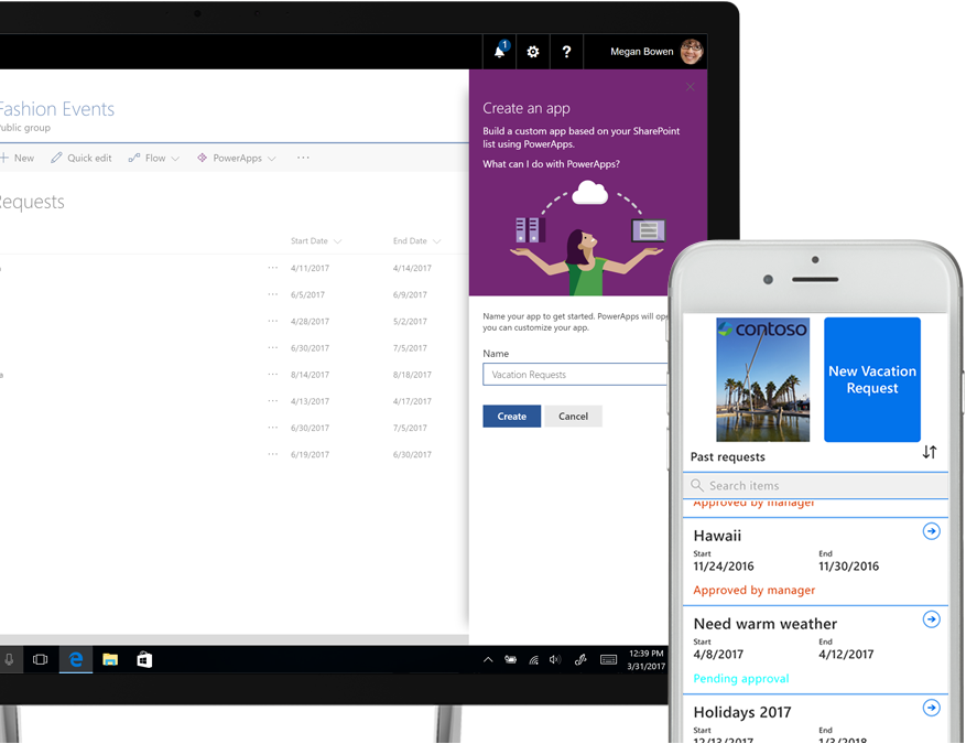 a laptop running a SharePoint vacation-request list and a Power Apps Create app screen next to a smart phone showing a new vacation request created in Power Apps