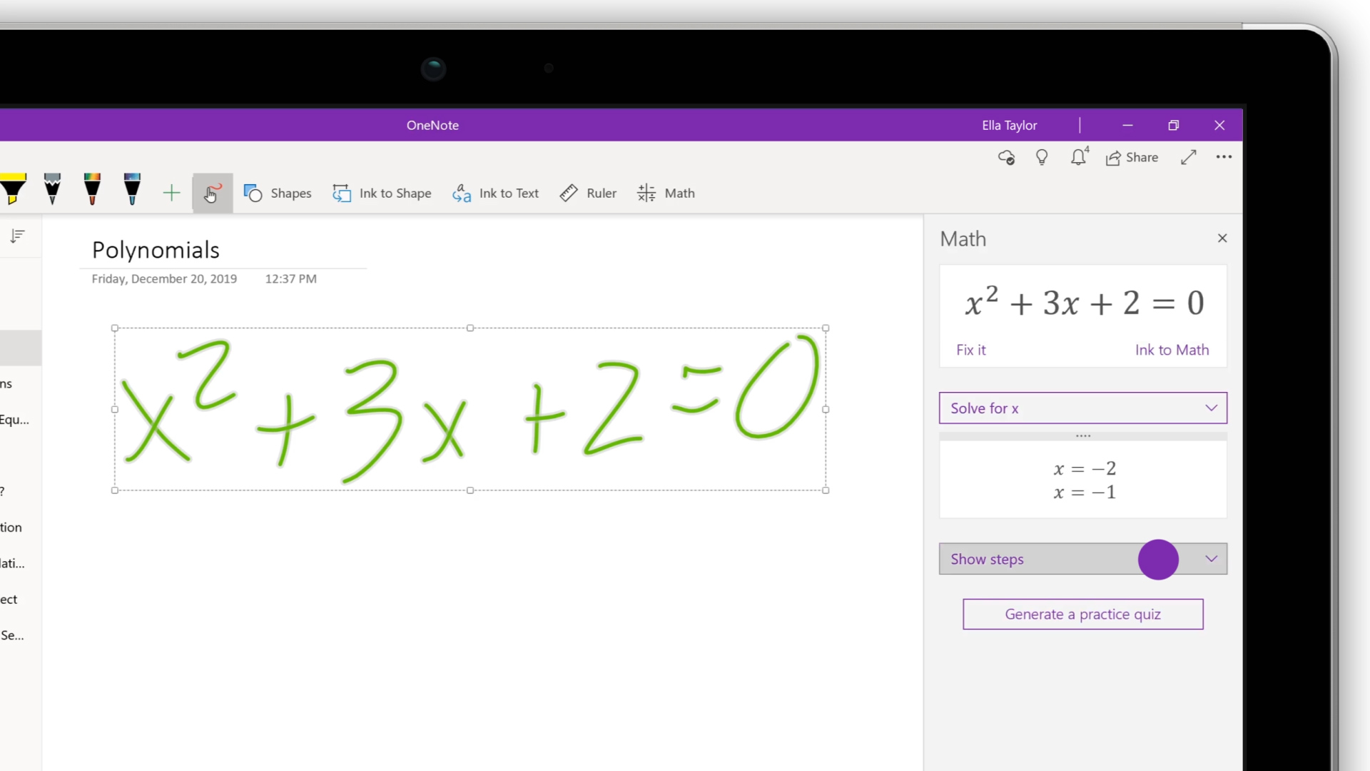 使用onenote 中的數學小幫手來解決數學方程式