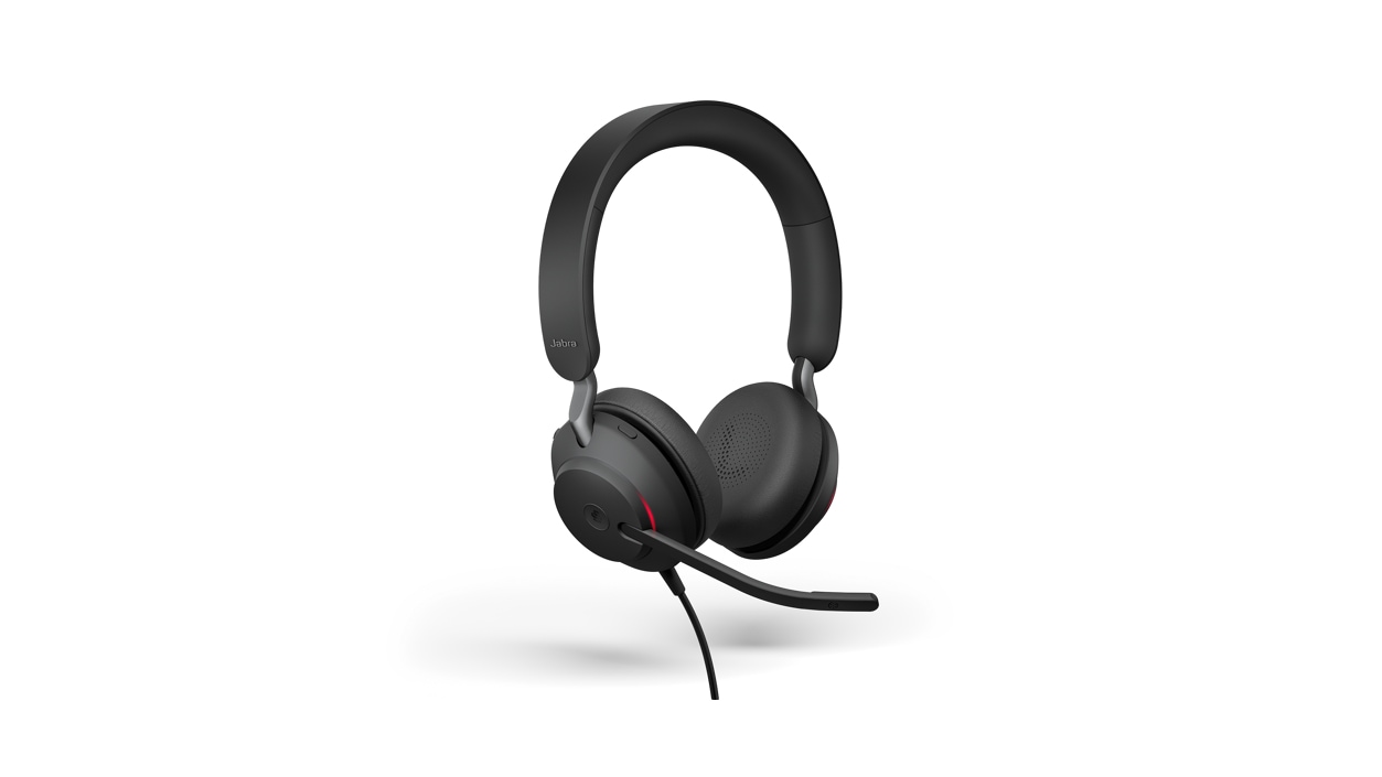 Microsoft Teams Certified Jabra Evolve2 40 headphones with microphone down powered on.