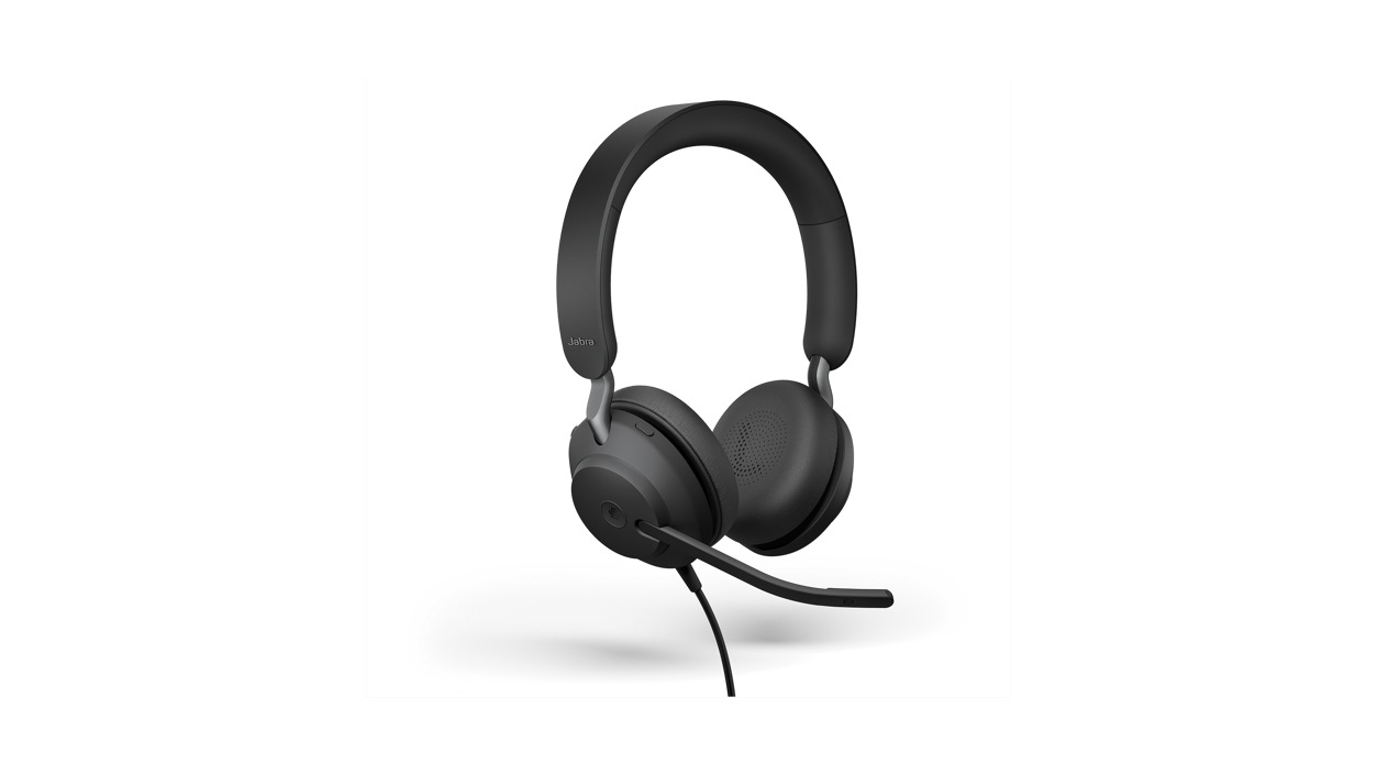 Microsoft Teams Certified Jabra Evolve2 40 headphones with microphone down.