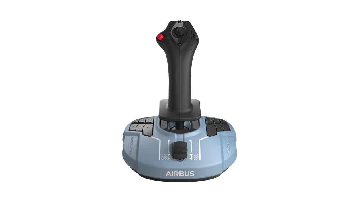 Front view of the Thrustmaster TCA Officer Pack Airbus Edition joystick.