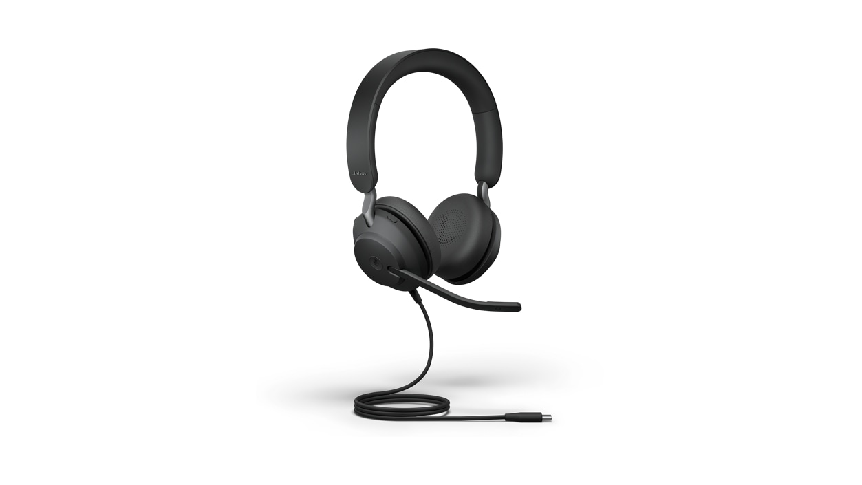 Microsoft Teams Certified Jabra Evolve2 40 headphones with microphone down with U.S.B. cord showing.