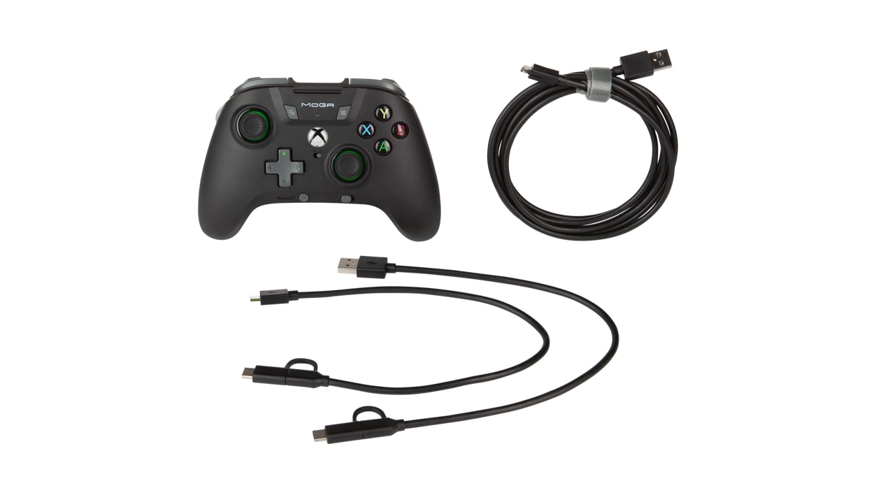 Front view featuring the PowerA MOGA XP5-X Plus Bluetooth® Controller for Mobile & Cloud Gaming Android/PC and wire accessories separately 