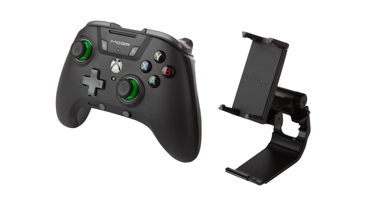 Side angle view featuring the PowerA MOGA XP5-X Plus Bluetooth® Controller for Mobile & Cloud Gaming Android/PC and Android device clip separately 