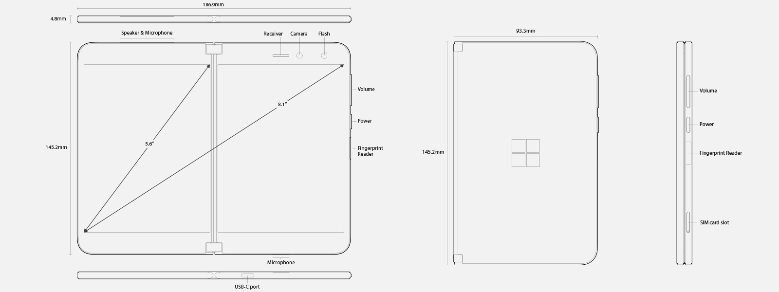 Diagrama técnico de Surface Duo que muestra las dimensiones, las características y los aspectos más destacados del hardware.  Los detalles completos se pueden encontrar en las "especificaciones técnicas".