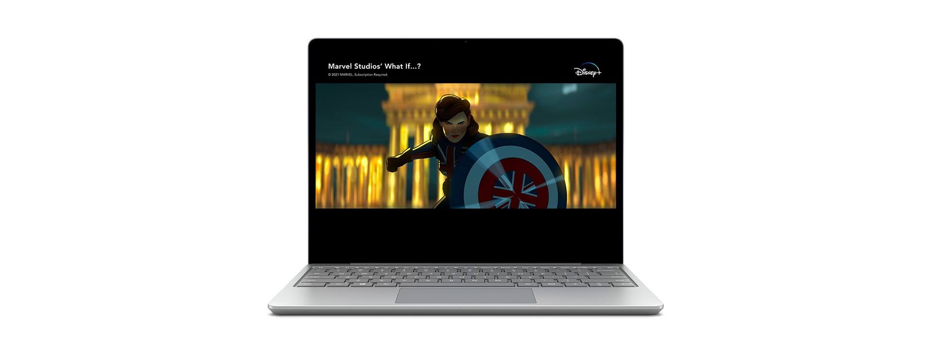 A Surface Laptop Go with Marvel’s Captain Carter displayed in Disney Plus.