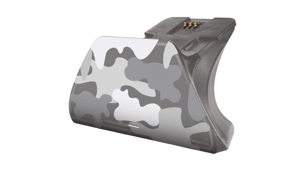 Side view of a Universal Xbox Pro Charging Stand in the Arctic Camo Special Edition pattern.