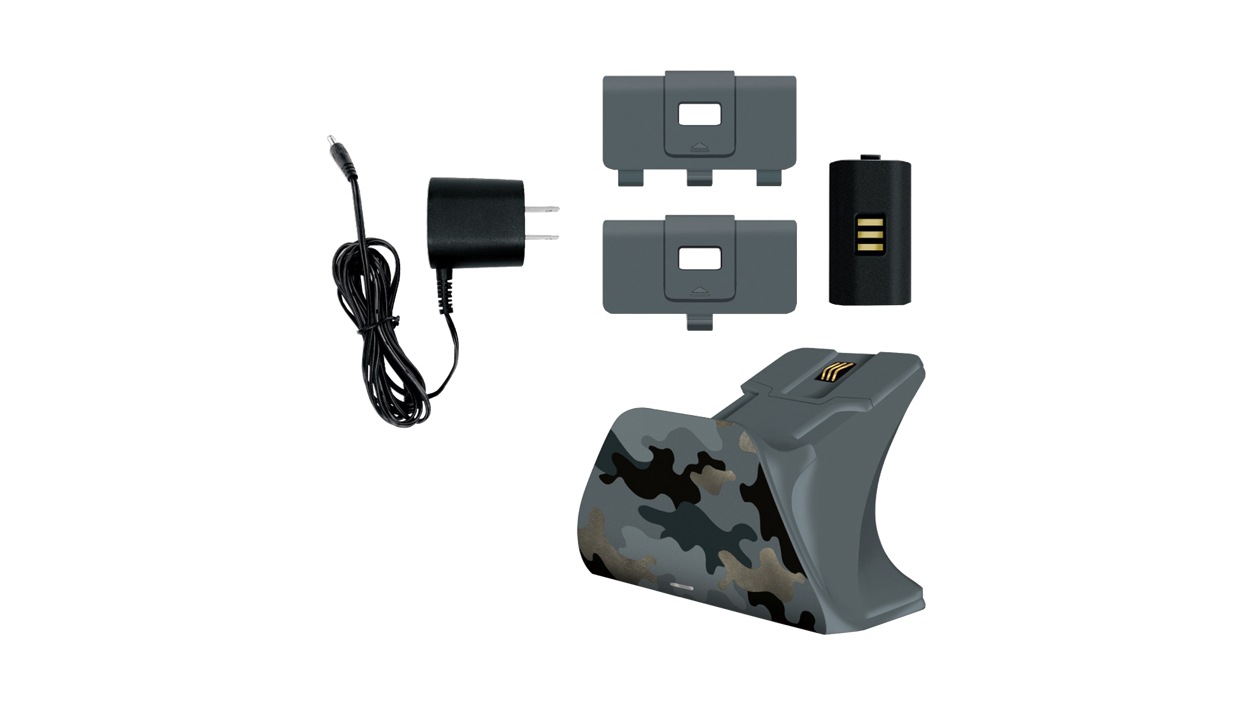 View of the components that come with the Universal Xbox Pro Charging Stand, including power cord and rechargeable battery.