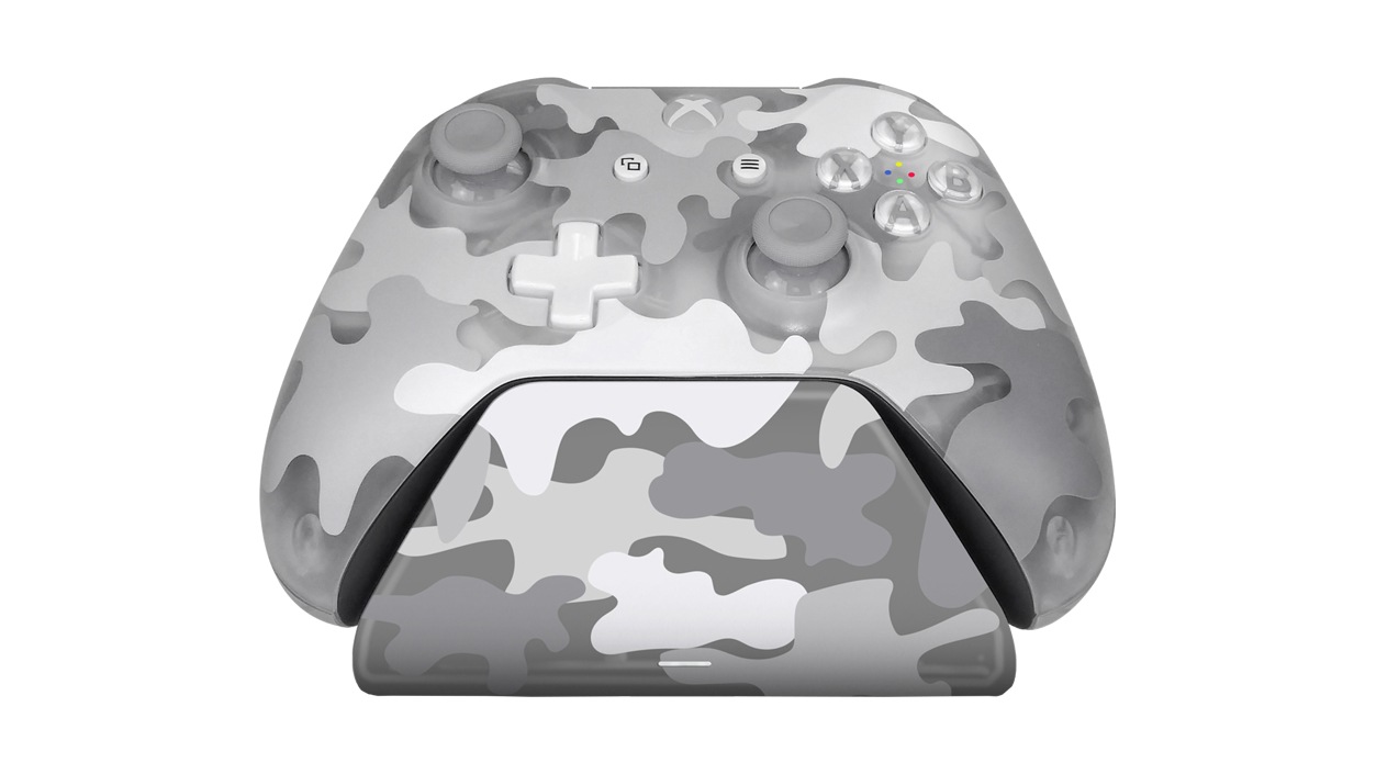 Front view of a Universal Xbox Pro Charging Stand in the Arctic Camo Special Edition pattern.