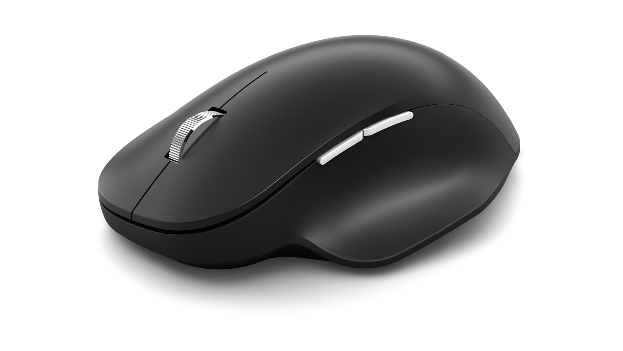 Angled view of Black Microsoft Bluetooth Ergonomic Mouse for Business.