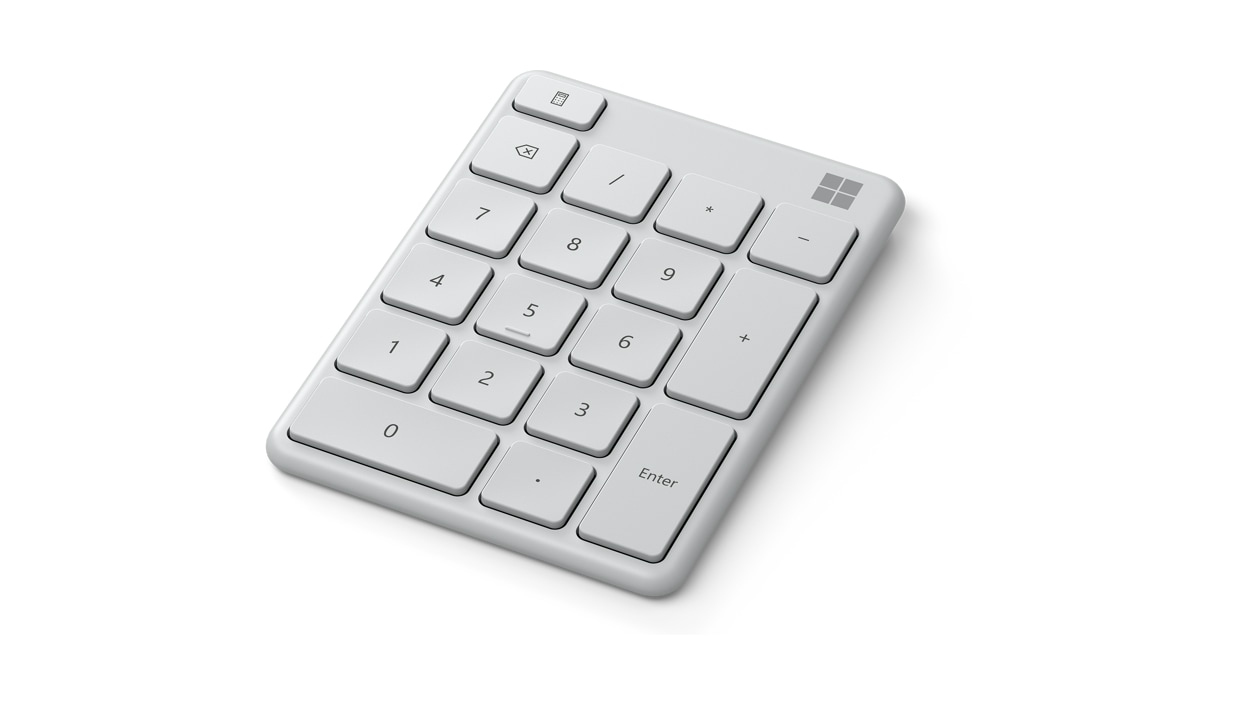 Angled front view of Glacier Microsoft Number Pad. 