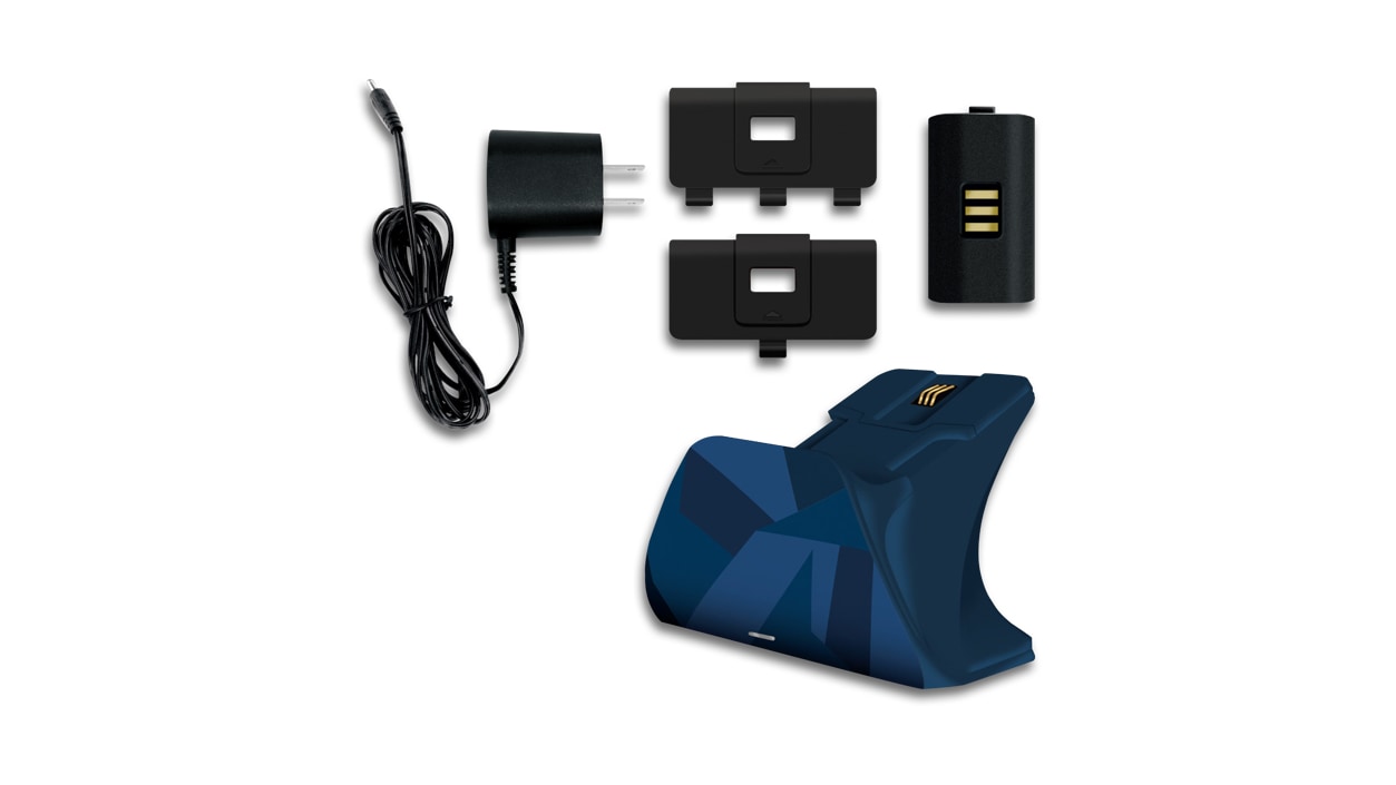 View of the components that come with the Universal Xbox Pro Midnight Forces Charging Stand, including power cord and rechargeable battery.