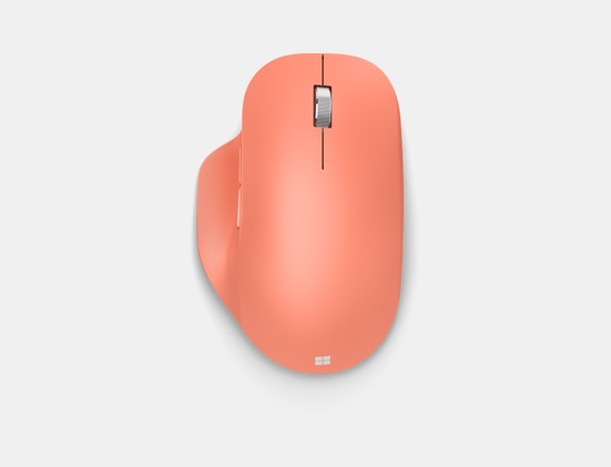 Top view of Peach Microsoft Bluetooth Ergonomic Mouse.