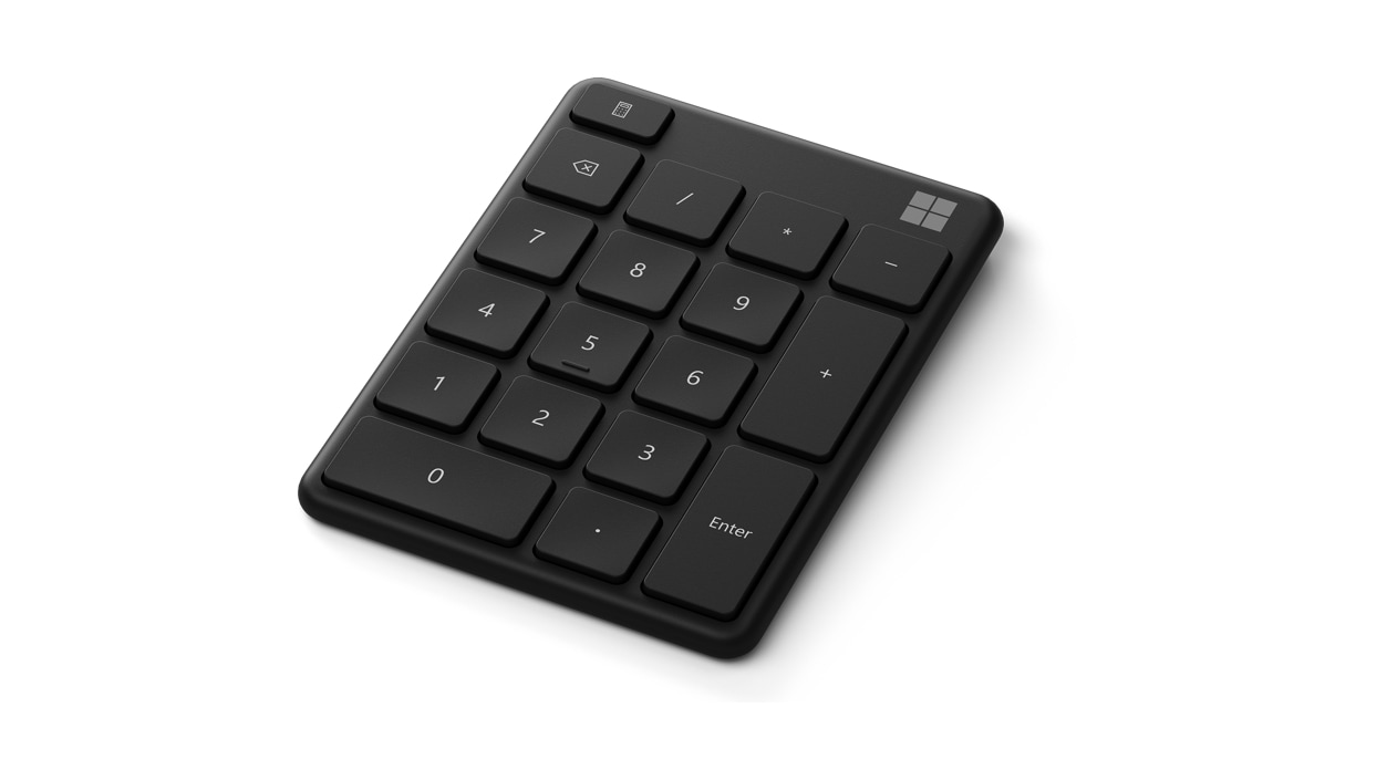 Angled view of black Microsoft Number Pad.