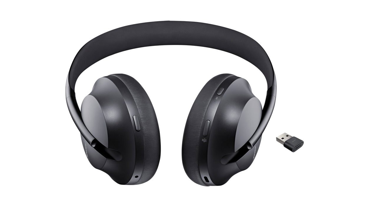 Horizontal view of Bose Noise Cancelling Headphones 700 UC in Black with included USB Link Bluetooth Module