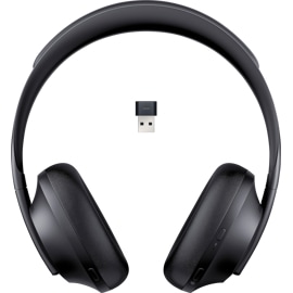 Front view of Bose Noise Cancelling Headphones 700 UC in Black with included USB Link Bluetooth Module