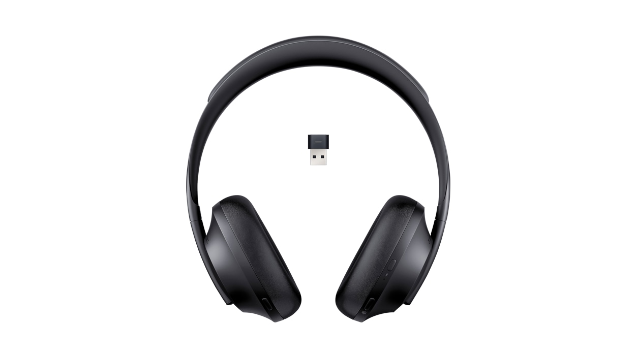 Front view of Bose Noise Cancelling Headphones 700 UC in Black with included USB Link Bluetooth Module