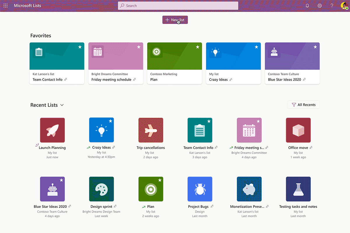 Favoriten und aktuelle Listen in Microsoft-Listen