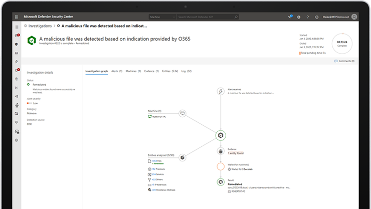 Device screen displaying Microsoft Defender for Endpoint investigation graph