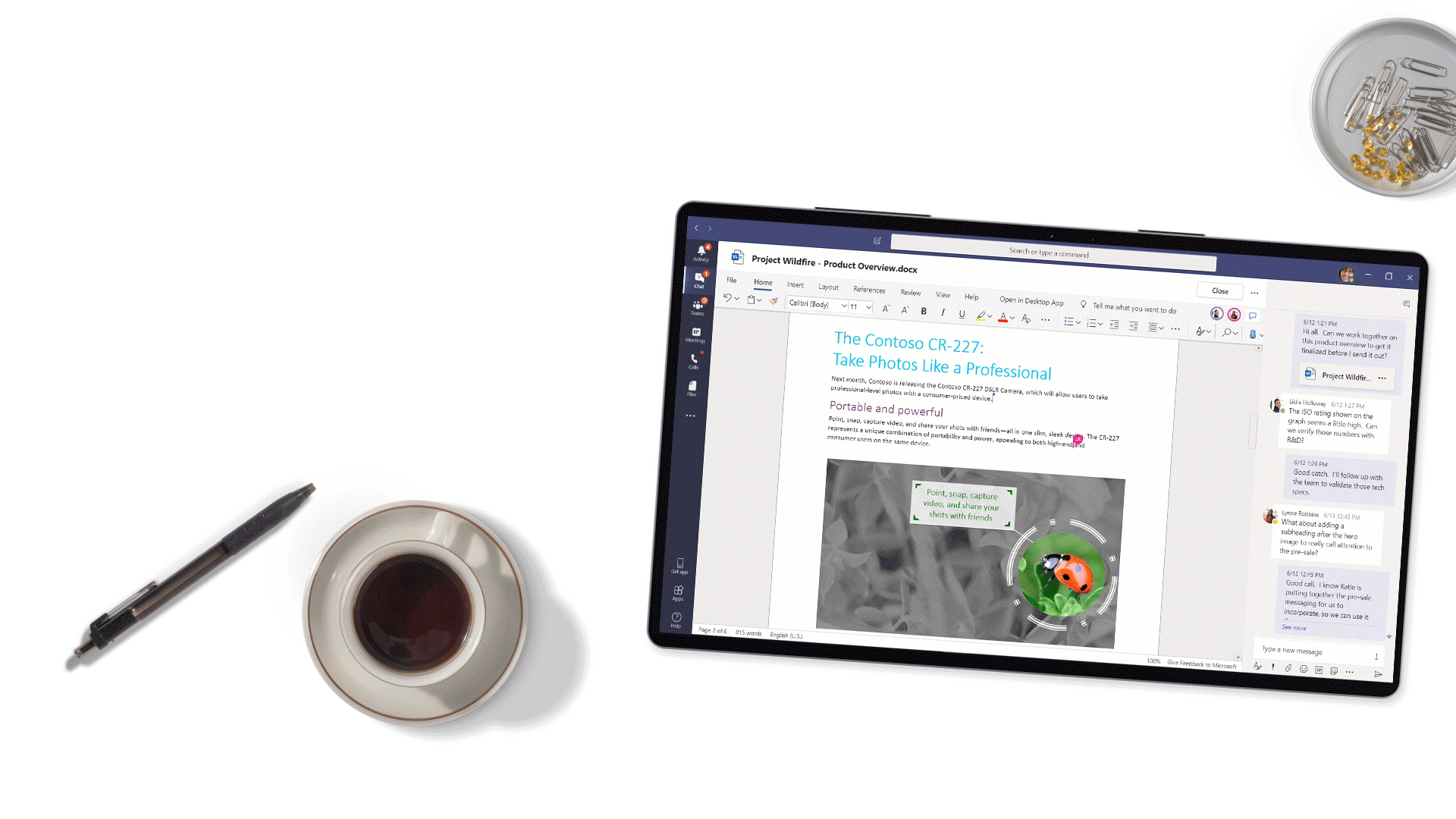 An animation of a Word document being edited in the Microsoft Teams app on a tablet device while two people have the document open.