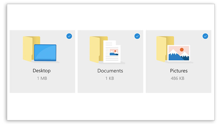 A Windows 10 Desktop folder, a documents folder, and a pictures folder with the file sizes listed under each one