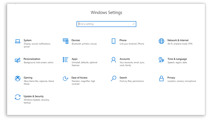 The Windows 10 settings screen