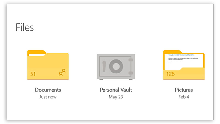 A Windows 10 documents folder, a personal vault, and a pictures folder with a date stamp under each one