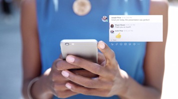 A person’s hands holding a mobile device, with an overlay on the top-right corner showing their Microsoft Teams chat.