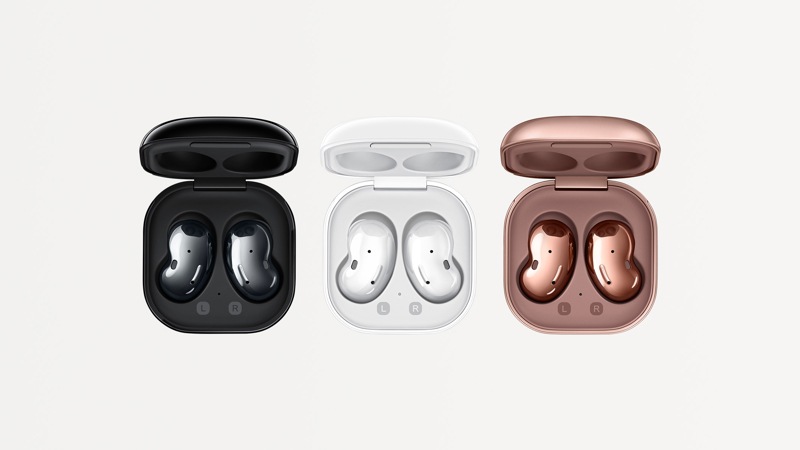 Black, White and Bronze  Samsung Galaxy Buds in their cases