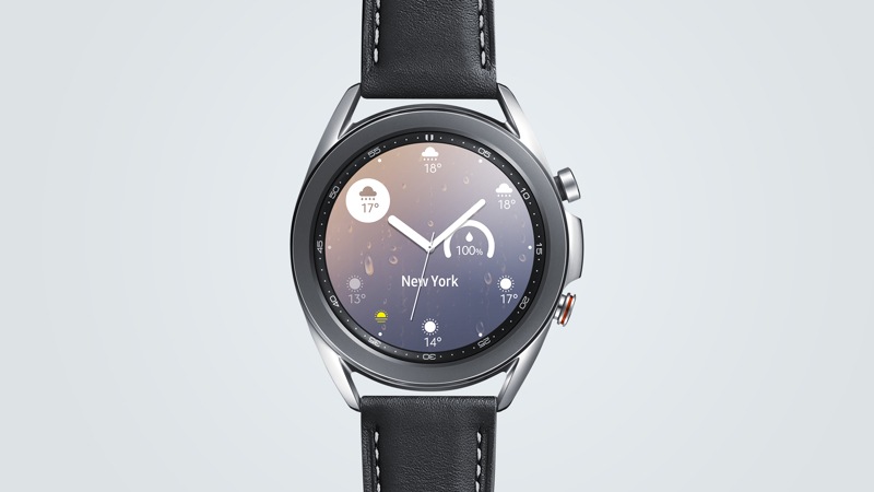 Front view of silver Samsung Galaxy Watch 3 with weather app and clock display.