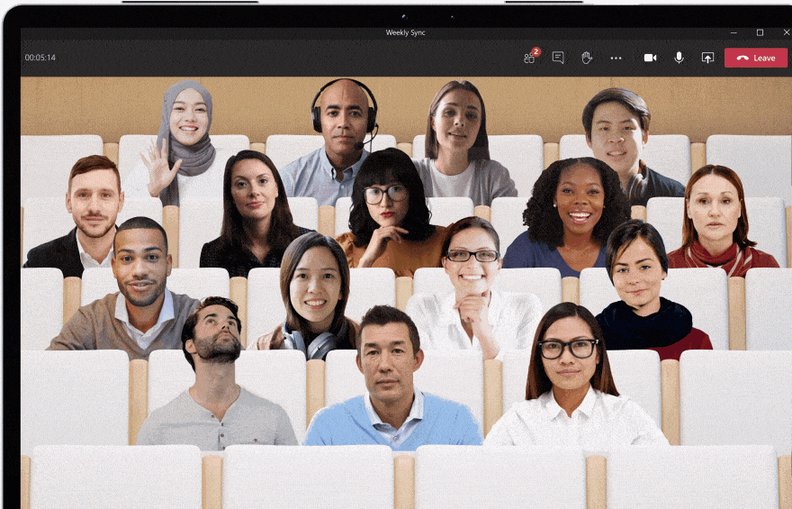 Animated image of video conference participants shown in Together mode in Microsoft Teams.
