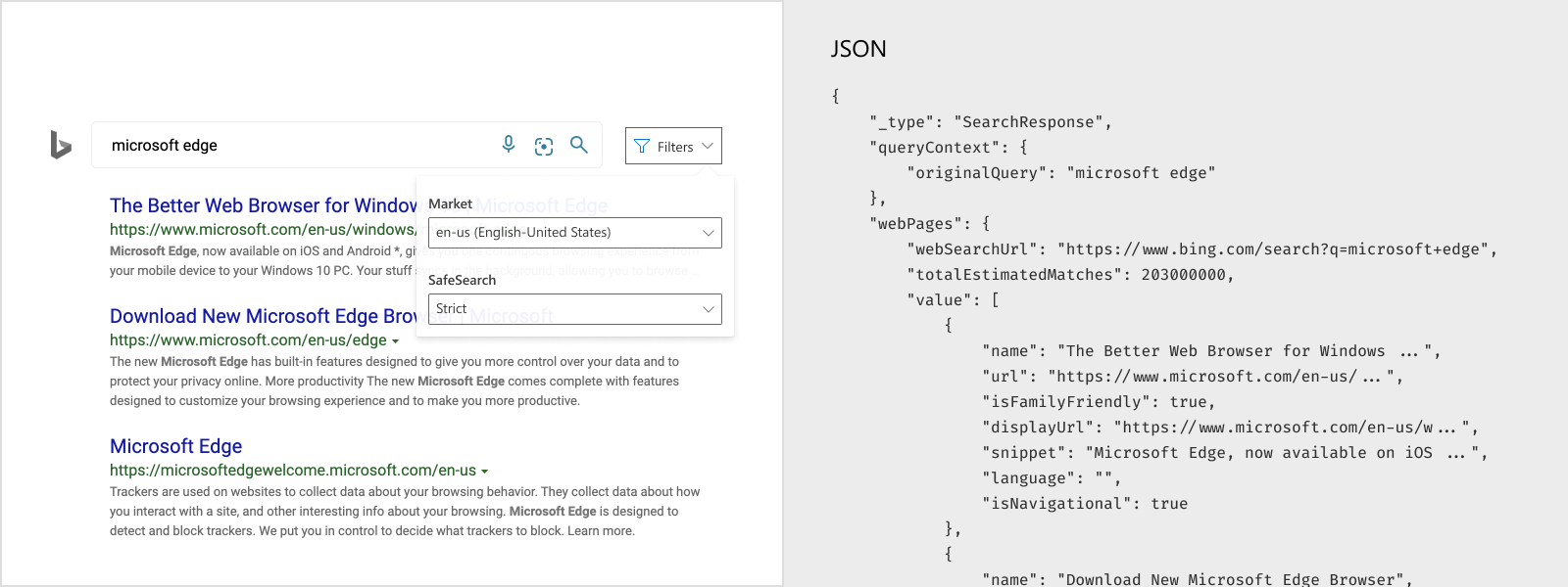Illustrates a general Web search experience using the Market or Safe Search settings. Includes the representative API JSON response.