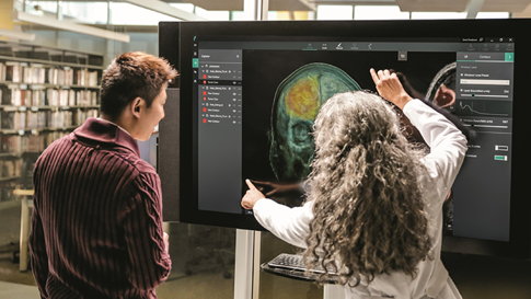 Um profissional médico mostrando a outra pessoa o raio X de um crânio.