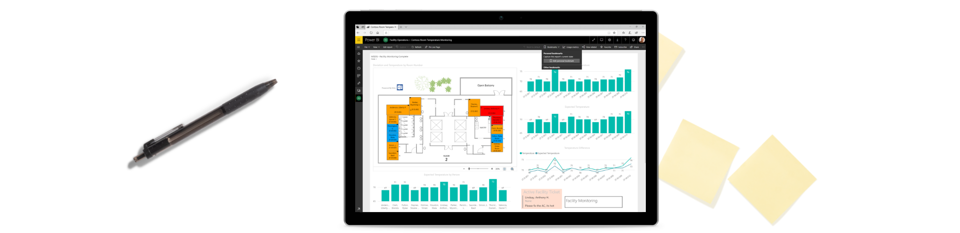 Sticky notes, a pen and a tablet device showing a Power BI dashboard.